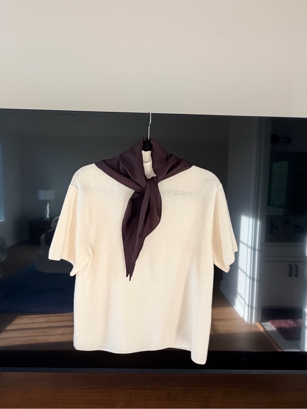 COS Cream Short-Sleeve Knit Top with Dark Brown Scarf